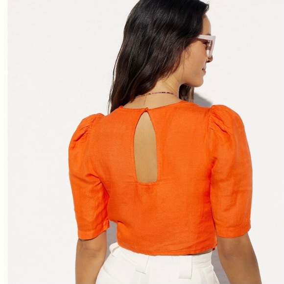 NWT Anthropologie Maeve Short Sleeve Tie-Front Linen Blend Blouse Orange 4 - Picture 16 of 16